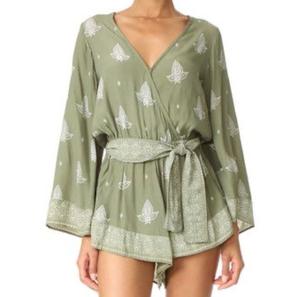 𝅺FAITHFULL the Brand Green Floral Long Bay Playsuit Surplice Romper
